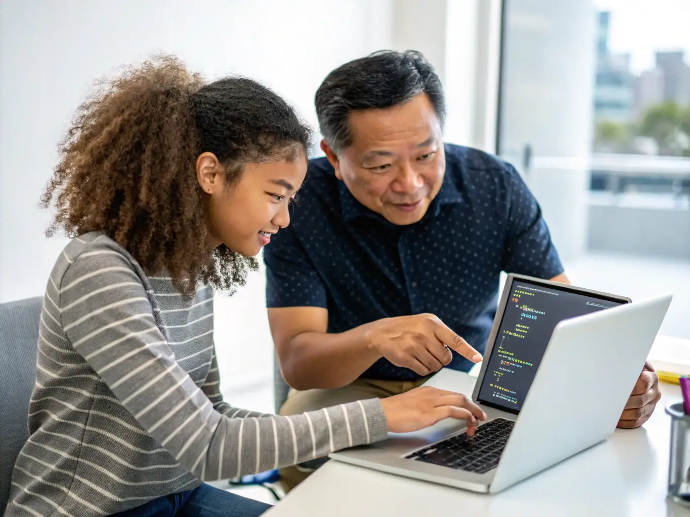 An image of a student practicing coding problems on a laptop with a mentor guiding them, symbolizing personalized coaching and preparation.